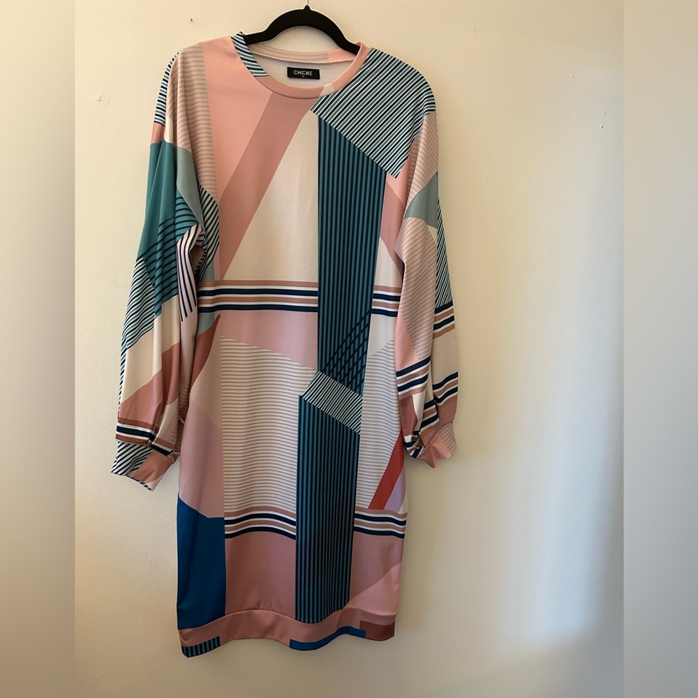 Pink and Green Sheath Dress with Bishop Sleeves